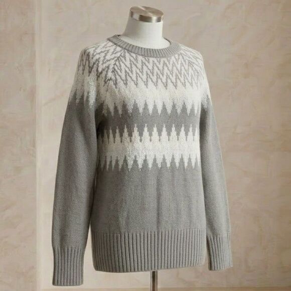 Ann Taylor Sweaters - Ann Taylor Factory Womens Gray Fair Isle Nordic Sweater L Metallic Crew Pullover